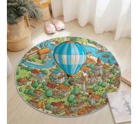100 cm Tappeto Rotondo Arancione Blu Lavatrice Antiscivolo Tappeto per il Pavimento Cartone Animato Mongolfiera Edifici Cittadini Low Pile Tappeti per Camera da letto Soggiorno Accento Cucina Indoor