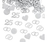100 decorazioni per matrimonio in argento, con glitter, 5 stili con numero 25, numero 2000, anello, motivo a cuore e cerchi, decorazione da tavolo in argento, per l'anniversario di 25 anni