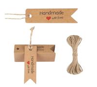 100 etichette fatte a mano con amore, in carta kraft, da appendere, etichette regalo marroni con corda da 20 m, 7x2cm Tag Regalo Mini Etichettes con Spago per Matrimoni, Compleanni e Natale (Marrone)