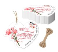 100 etichette regalo a forma di cuore, con scritta "Happy Mother's Day", 5,1 cm, da appendere, con cordino, motivo floreale, per festa della mamma, per la festa della mamma, per confezioni regalo,