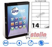 100 FOGLI A4 CARTA ADESIVA 1400 ETICHETTE 105x42 mm APPTAC C508 INKJET LASER
