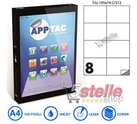 100 FOGLI A4 CARTA ADESIVA 800 ETICHETTE 105x74 mm APPTAC C512 INKJET LASER