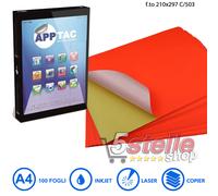 100 FOGLI A4 CARTA ADESIVA COLORATA ETICHETTE APPTAC C503 ROSSO FLUO