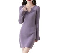 100% lana merino maglione abito donna tromba manica sottile stretto lavorato a maglia scollo a V pullover autunno inverno metà lungo top, Viola chiaro, L