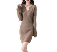 100% lana merino maglione abito donna tromba manica sottile stretto lavorato a maglia scollo a V pullover autunno inverno metà lungo top, Cammello, M