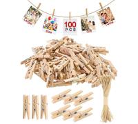 100 Mini Mollette in Legno 3CM con 10 Metri di Corda Juta - Mollette per Foto, Cartoline e Decorazioni Espositive