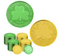 100 monete d'oro per il giorno di San Patrizio, gettoni in plastica verde e oro trifoglio monete leprechaun fortunato, moneta a 3 foglie per bomboniere Pot-o-oro, decorazione a tema irlandese
