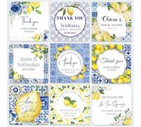 100 pezzi di etichette regalo personalizzate a forma di limone, adesivi personalizzabili for la festa nuziale a forma di piastrelle blu e limone, adesivi quadrati personalizzati