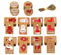 100 pezzi Kraft Paper Tag con 25 Metri Spago in iuta, Etichette regalo Natale Carta Kraft 10 disegni stampabili Christma per fai da te regalo di natale vacanze involucro etichette borse per feste(100)