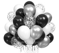 100 pezzi Palloncini Nero e Argento,Palloncini Bianchi Elio,Argento Confetti Palloncini Lattice con Nastro,Palloncini Compleanno per Baby Shower Matrimonio Compleanno Feste Decorazioni