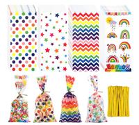 100 Pezzi Sacchetti Trasparenti per Caramelle, 27 X 12,5cm Sacchetti Cellophane con 120 Bande Metalliche, Bustine Trasparenti per Biscotti con 4 Stili per Cioccolato, Dolci, Pane