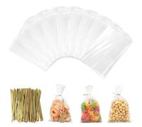 100 pezzi Sacchetti Trasparenti per Caramelle, Sacchetti Cellophane 13 x 18 cm, SacchettiCellophane Borsa Quadrata Trasparente con 200 Cravatte, per Biscotti Dolci Torte Caramelle Cupcakes