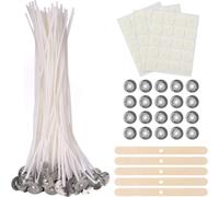 100 Pezzi Stoppini per Candele, Stoppino in Cotone, Stoppino per Candele da 15 cm, con 5 Supporti per Stoppino in Legno, 60 Adesivi a Doppia Faccia, per Candele Fai da Te