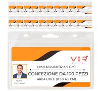 100 Porta Badge Orizzontali Trasparenti PVC 12 x 9cm - Interno 11,5 x 6,5cm | Riutilizzabile con apertura superiore senza chiusura. Termosaldatura sui due lati e sul fondo. 3 fori universali rinforzati