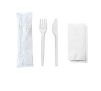 100 pz Set posate biodegradabili e compostabili, Forchetta e coltello imbustato singolarmente con tovagliolo, Bis Posate