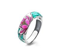 100% S925 Sterling Silver Retro Vintage Drop Glue Colored Glaze Lotus Flower And Lotus Leaf Three-dimensional Design Pastoral Open Ring