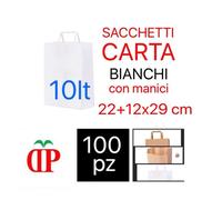 100 SACCHETTI CARTA BIANCHI CON MANICI SHOPPER BUSTE DI CARTA 22+10x29 cm 10lt