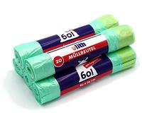 100 sacchetti della spazzatura, 60 litri, 20 pezzi per rotolo, 63 x 74 cm, resistenti agli strappi e liquidi (5 rotoli)