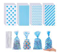 100 Sacchetti regalo blu con coniglietto di Pasqua - 13x27 cm, ideali per compleanni e feste a tema, con 4 stili diversi e 100 legature argento, perfetti per dolci, cioccolato e regali.