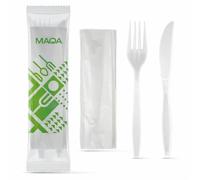 100 Set Posate Biodegradabili e Compostabili + Tovagliolo - Forchetta e Coltello Imbustati Singolarmente - Resistenti per Cibi Caldi fino a 70°C - Ideali Come Posate Da Viaggio, Eventi, Ristorazione