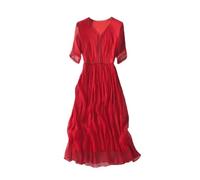100% seta naturale di gelso vestito da partito per le donne scollo a V abito da spiaggia mezza manica abito da sera, Rosso, L