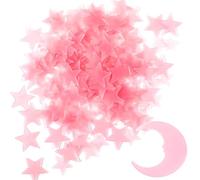 100 stelle e 1 luna che si illuminano al buio per soffitto, adesivi da parete rosa incandescente con cuscinetti adesivi, stella luminosa in plastica fluorescente 3D per ragazzi e ragazze, decorazione