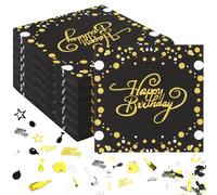 100 tovaglioli Happy Birthday, 33 x 33 cm, colore nero, oro, tovaglioli decorativi per compleanno e compleanno, coriandoli bianchi, colore nero, decorazione da tavolo per ragazzi e ragazze