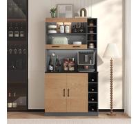 100 x 47 x 187 cm, armadio da cucina, buffet con illuminazione a LED e fori per cavi, tavolo da cucina in legno, grande spazio per microonde, autoportante, ripiani laterali regolabili in altezza