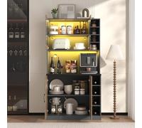 100 x 47 x 187 cm, armadio da cucina, buffet con illuminazione a LED e fori per cavi, tavolo da cucina in legno, grande spazio per microonde, autoportante, ripiani laterali regolabili in altezza