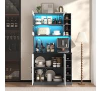 100 x 47 x 187 cm, armadio da cucina, buffet con illuminazione a LED e fori per cavi, tavolo da cucina in legno, grande spazio per microonde, autoportante, ripiani laterali regolabili in altezza