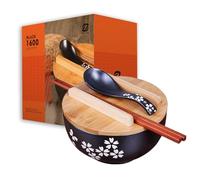 1000 ml, ciotola ramen, in ceramica, per zuppa, Pho e Sushi, con bastoncini, coperchio e cucchiaio (BLACK)