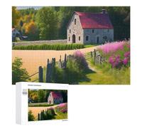 1000 PCS Puzzle Per Adolescenti Rustic Stone Barn with Vibrant Pink Flowers Puzzle Per Adulti Giocattolo Decorazione Da Parete Un'opera D'arte Regalo Di Compleanno, Regali, 1000 PCS