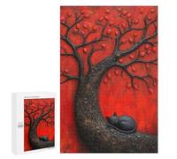 1000 PCS Puzzle Per Adolescenti Sleeping Black Japan Cat Beneath Red Tree Puzzle Per Adulti Gioco Per Famiglie Antistress Difficile Da Completare 1000 PCS
