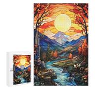 1000 PCS Puzzle Per Adulti Stained Glass Autumn Landscape with River Puzzle Per Adulti Giocattolo Decorazione Da Parete Migliora La Memoria Regali Per Amici E Familiari 1000 PCS