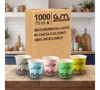 1000 Pezzi Bicchieri da Caffè in Carta Colorati con Grafiche Miste, 75 ml, Biodegradabili Biocompostabili, Usa e Getta, 4 Colorazioni, Ideali per Casa, Ufficio, Asporto Bevande Calde