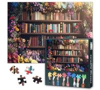 1000 pezzi uno scaffale pieno di libri puzzle per adulti intelligenza libri circondati da fiori puzzle per la decorazione della casa puzzle come regalo per la famiglia e gli amici, 50 cm x 70 cm