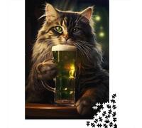1000 Pieces Relaxing Cat Jigsaw Puzzle for Adults Paper Material Green Beer Theme Puzzle Wall Art Decor Brain Training 70x50cm/1000pcs