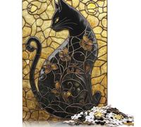 1000 piezas de rompecabezas de vidrieras de gato negro para adultos, rompecabezas de papel difíciles para adultos y adolescentes a partir de 12 años, 38 x 26 cm/1000 piezas