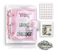 $1000 Sfide di Risparmio 1.5 x 10.5 cm Mini Riutilizzabile Raccoglitore Bilancio Fondi in Contanti Money Saving Challenge, per Sfide da 25 Buste(Rosa)