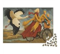 1000pcs (75x50cm) Puzzle Per Adulti Cicogna Donna Uomo Tavola Di Legno Ad Incastro Di Precisione Una Vecchia Bicicletta che Passa in un Campo