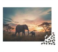 1000pcs (75x50cm) Puzzle, Puzzle Per Adolescenti Adulti At Tramonto - Female And Baby Elefante on Savana africana
