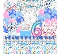 100pcs Kit Compleanno Stith, Decorazioni Compleanno Lil e Stitc 6 anni, Decorazioni Torta, Palloncini,Tovaglia, Stickers Stitc, Addobbi Stitc