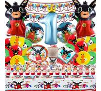 101 Pcs Bing Compleanno 1 Anni, Palloncini Stoviglie esta Compleanno, Bing Decorazioni per la tavola del Compleanno del Coniglietto, Palloncini Piatto Bandiera Tovagliolo Tazza Tovaglia per Feste di C