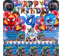 101 Pezzi Supereroi 4 anni Stoviglie per Feste Compleanno, Supereroi 4 anni Palloncini Foil per Feste, Piatti Compleanno Tovaglioli Tovaglie Kit Bambino