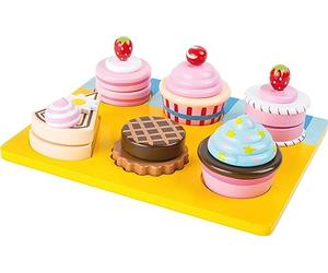 10149 Cupcakes e torte da tagliare small foot in legno, con chiusure a strappo in velcro per combinazioni personalizzate, a partire da 3 anni.