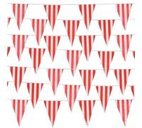 1030M Decorazioni per feste a tema carnevale con striscione a righe rosse e bianche composte da bandiere di plastica collegate da corda di stoffa per la decorazione di feste (30 x 45 cm, 48 bandiere