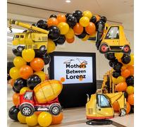104 pezzi Set di decorazione per festa a tema costruzioni, comprendente ghirlanda di palloncini in lattice arancione, nero e giallo, e palloncini metallici a forma di escavatore, carrello elevatore, b