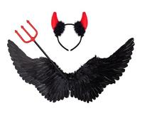 105CM nero ali d'angelo grande con corna diavolo e set di bacchette, diavolo costume signore angelo diavolo ali costume accessori adulti per Halloween Carnevale Cosplay Party Fasching travestimento