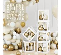 105Pcs Scatole Baby Shower Decorazioni, 6 Scatole Trasparenti con 54 Letteres (B+A-Z*2), 45 Palloncini Oro Bianco, Scatole Palloncini per Baby Shower Decorazioni Compleanno, DIY Nom, Battesimo Bimbo