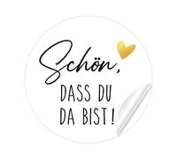 108 adesivi per bomboniere per matrimonio, scritta in lingua tedesca "Schön dass du da bist oder für Hochzeitsdeko Tisch,Gastgeschenke Sticker, Gastgeschenke oder Deko Geburtstag, Ø 4 cm, Paper